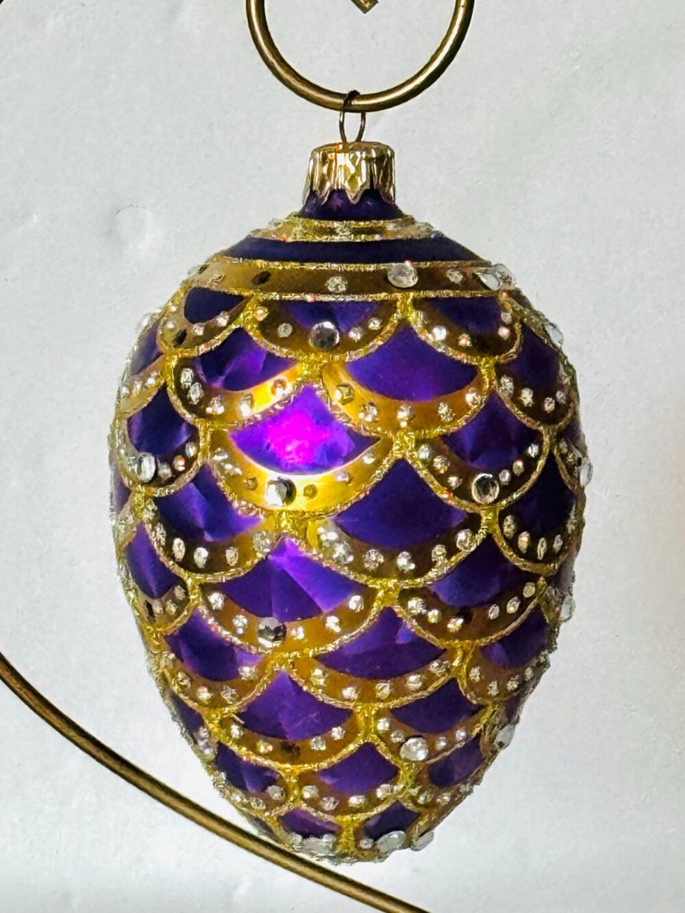 5" Faberge Inspired Glass Egg Christmas Ornament Purple Gold Glitter Gemstones